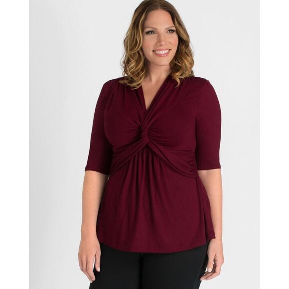 Kiyonna Tops - Kiyonna Women Top 1X Burgundy Red Caycee Twist Empire Waist Twist Front Slimming